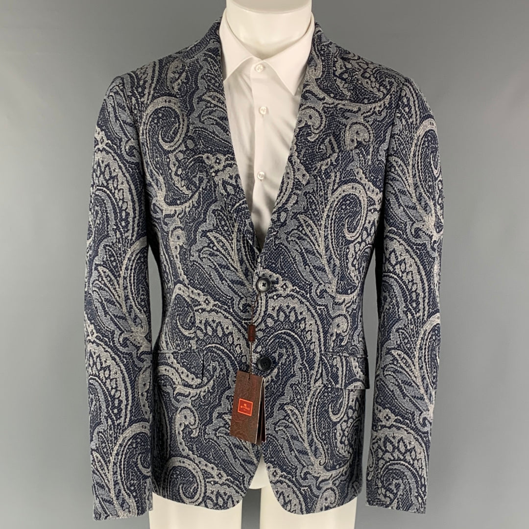 ETRO Size 38 Navy Jacquard Cotton Blend Notch Lapel Sport Coat  