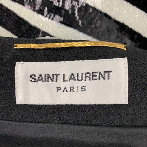 SAINT LAURENT Taille 2 Mini-jupe à paillettes en acétate de viscose à rayures et imprimé zèbre crème noire