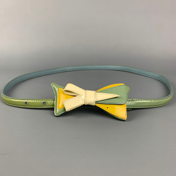 Vintage PRADA Size 34 Green & Yellow Patent Leather Bow Skinny Belt