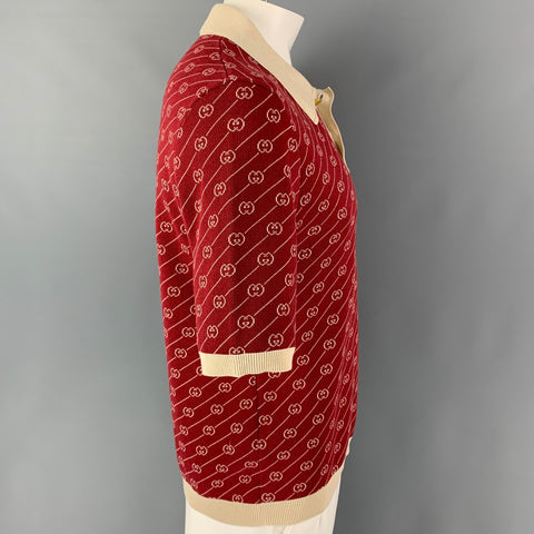 GUCCI Size L Burgundy Beige Logo Wool Silk Buttoned Polo