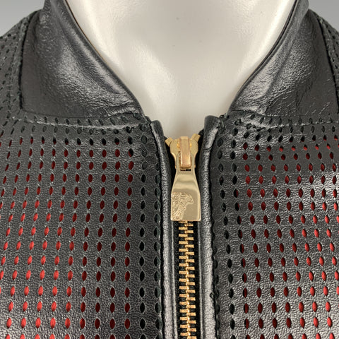 VERSACE COLLECTION Size 34 Black Perforated Leather Medusa Zip Up Jacket
