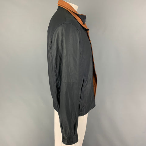 REMY Size 42 Navy Tan Leather Zip Up Jacket
