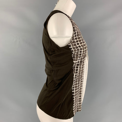 REED KRAKOFF Size 2 Brown White Silk &  Elastane Mixed Fabrics Blouse