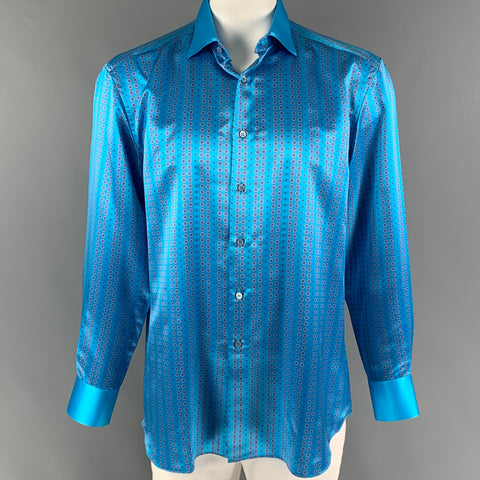STEFANO RICCI Size XL Turquoise Light Grey Dots Silk Long Sleeve Shirt