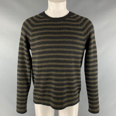 VINCE Jersey con cuello redondo de cachemir y lana a rayas gris oliva talla M