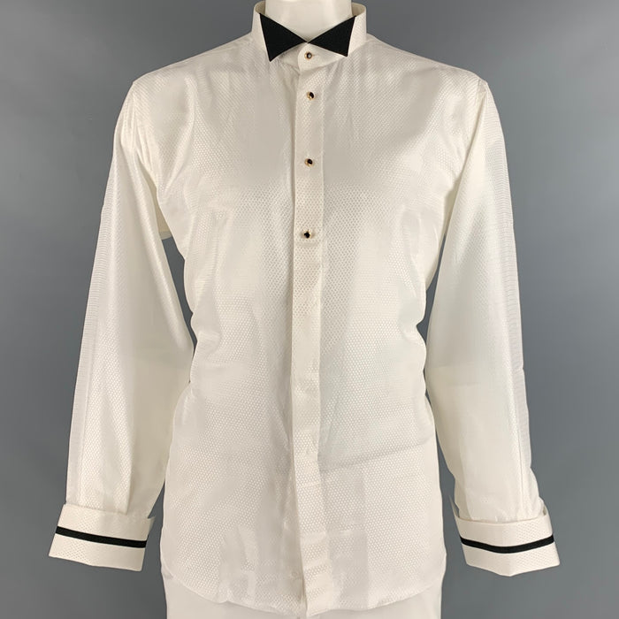 BRIONI Size XL Off White Jacquard Silk Cotton Tuxedo Long Sleeve Shirt