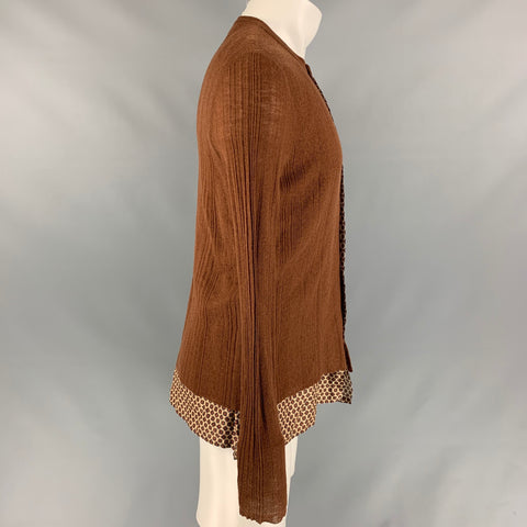 LANVIN Size M Brown Ribbed Knit Wool & Silk Collarless Cardigan