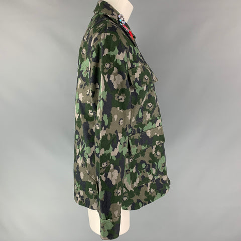 MANOUSH Size 4 Green Camouflage Denim Cotton Rhinestone Collar Military Jacket