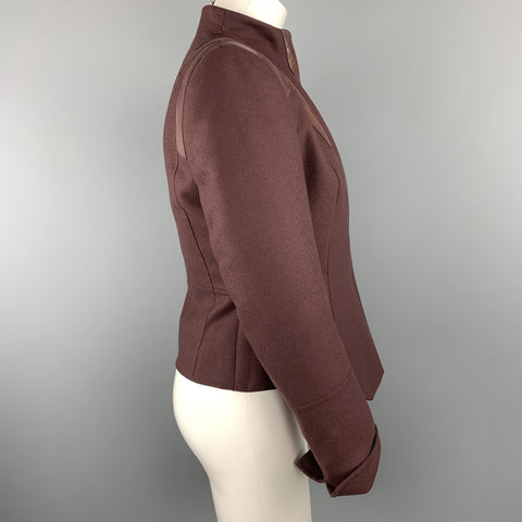AKRIS Size 8 Burgundy Cashmere Leather Panel High Neck Jacket