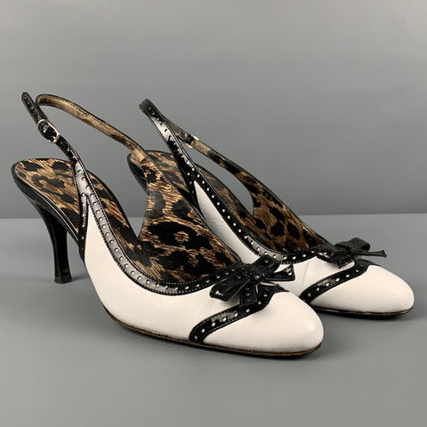 DOLCE &amp; GABBANA Talla 7 Zapatos de tacón con tira trasera en bloque de color de cuero blanco y negro