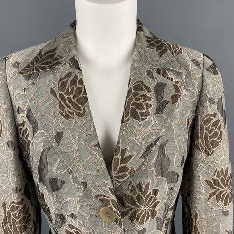 ARMANI COLLEZIONI Size 8 Grey & Taupe Floral Print Bell Sleeve Blazer