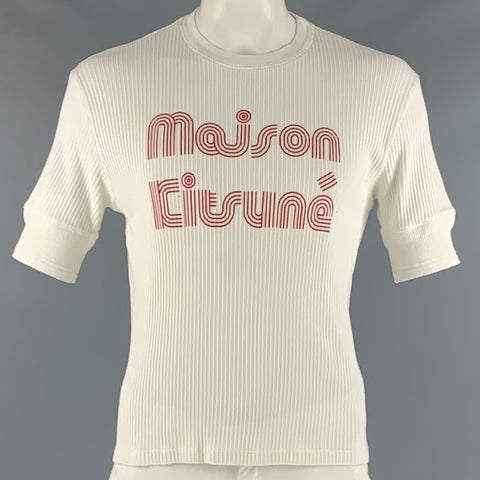 MAISON KITSUNE Taille L T-shirt Côtelé en Coton Graphique Blanc Rouge