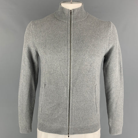 THEORY Size L Grey Ribbed Cashmere Wool Zip Up Cardigan