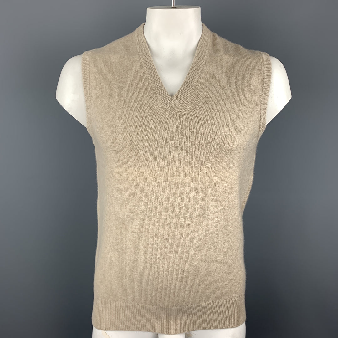 BALLANTYNE Size XL Heather Oatmeal Beige Cashmere V-Neck Sweater Vest