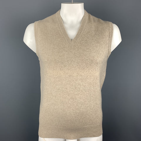 BALLANTYNE Talla XL Chaleco tipo suéter con cuello en V de cachemira beige color avena jaspeado