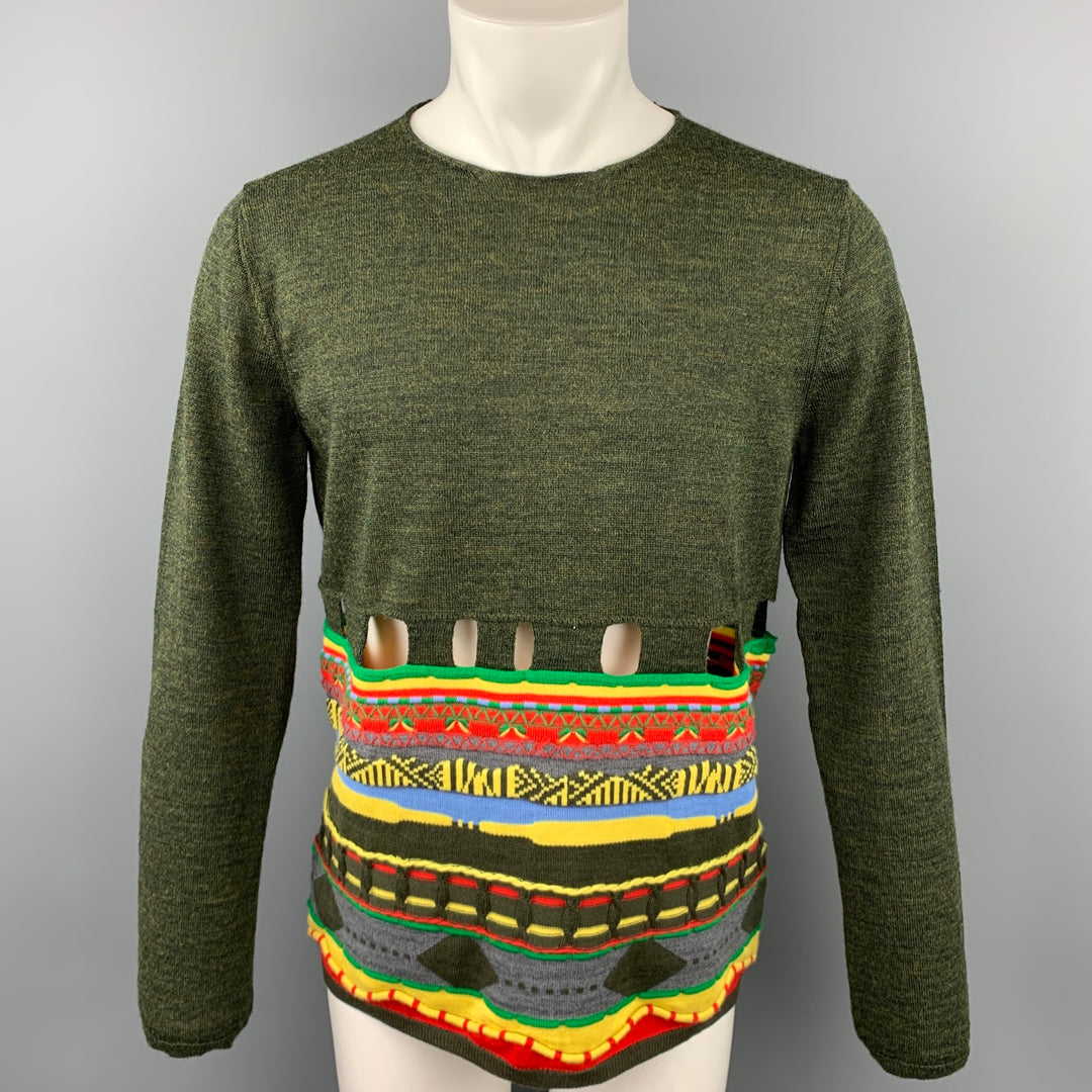 COMME des GARCONS Size L Olive & Multi-color Knitted Wool Blend Cut Out Pullover Sweater