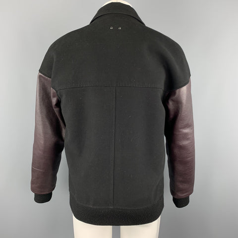 ALEXANDER WANG Size M Black & Burgundy Mixed Materials Wool Leather Sleeves Notch Lapel Jacket