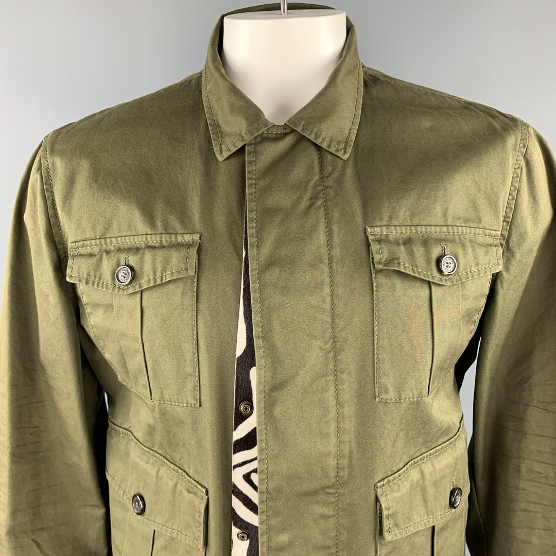 DSQUARED2 Size 44 Olive Cotton Zebra Ponyhair Trim Army Jacket