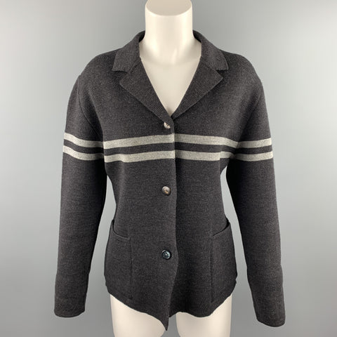 GIULIANO FUJIWARA Taille L Veste boutonnée en laine à rayures tricotées grises