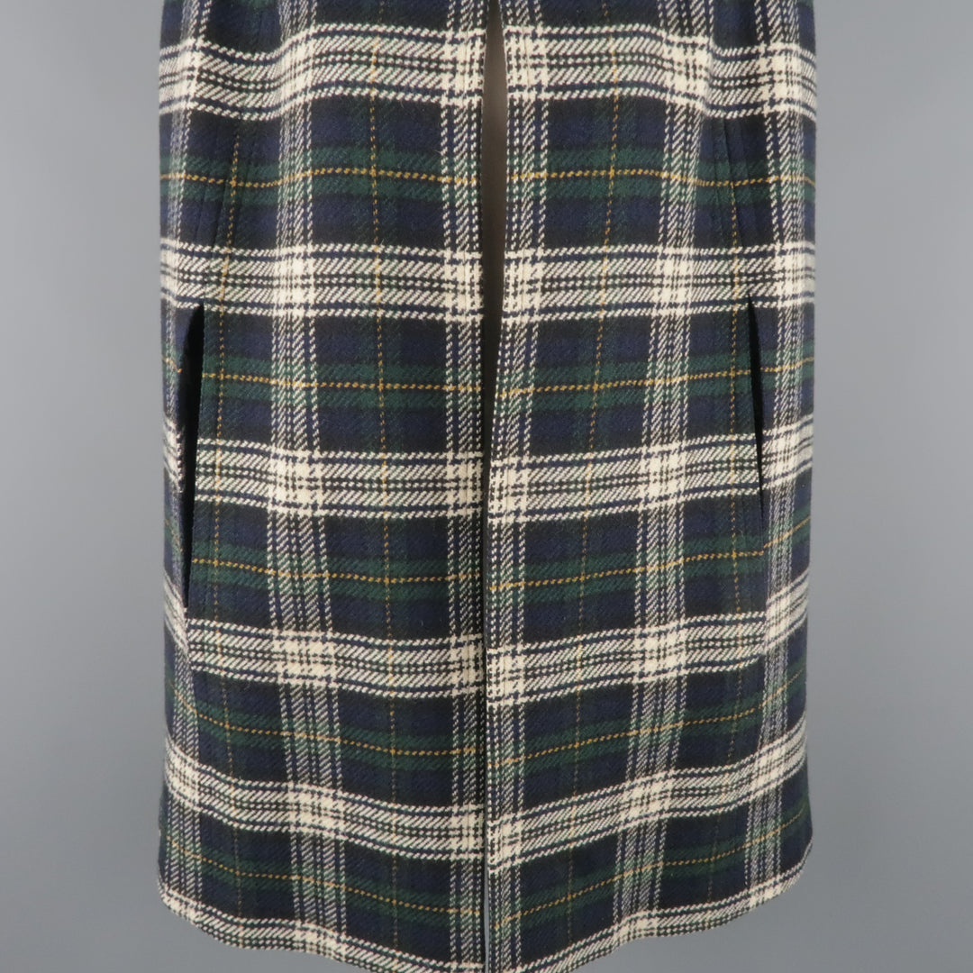 SAINT LAURENT Size 8 Blue & Green Plaid Wool Hooded Cape