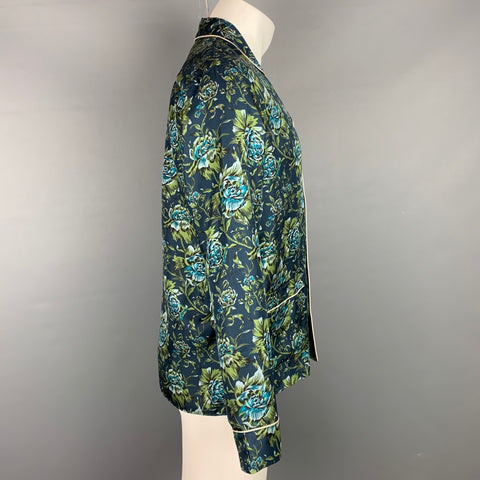 BURBERRY Camisa de manga larga de pijama de seda floral azul marino y verde talla S