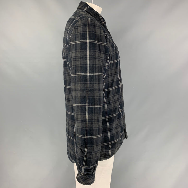 HELLY HANSEN Size L Gray & Black Plaid White Flannel Snaps Jacket
