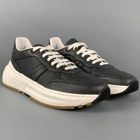 BOTTEGA VENETA Size 8 Charcoal White Leather Low Top Sneakers
