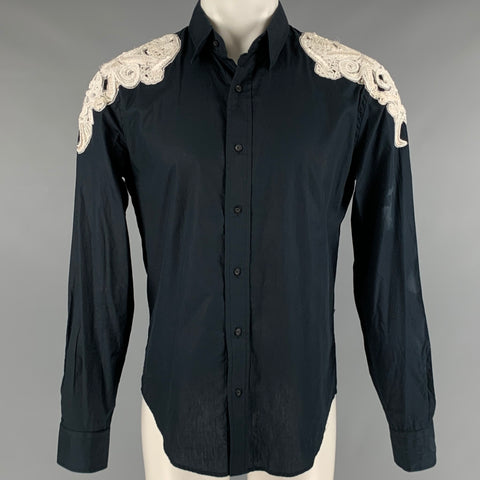 JUST CAVALLI Size M Black White Beaded Cotton Embroidered Long Sleeve Shirt
