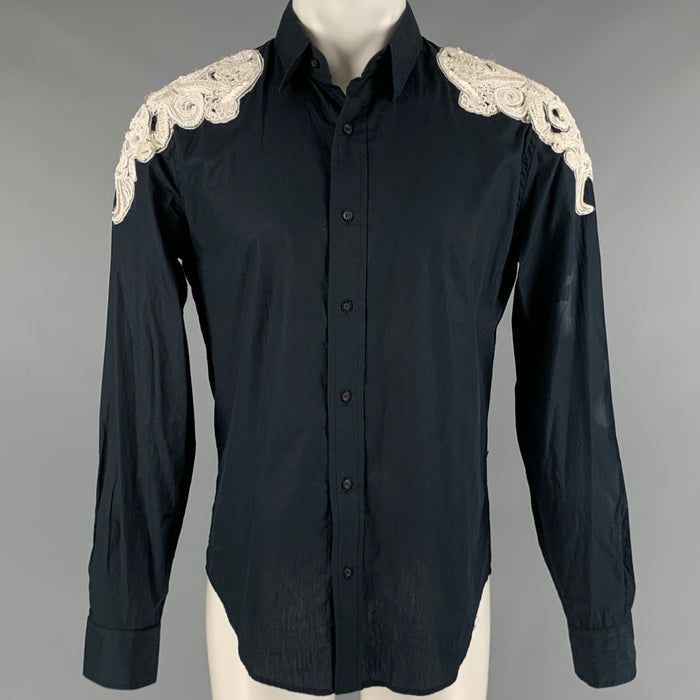JUST CAVALLI Size M Black White Beaded Cotton Embroidered Long Sleeve Shirt
