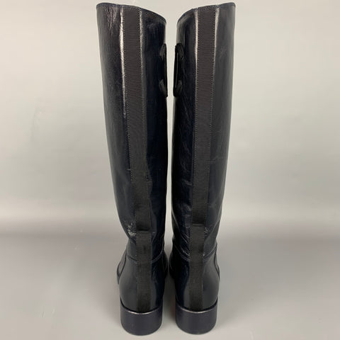 CHANEL Size 8.5 Midnight Blue Crackled Leather Riding Pull On CC Boots