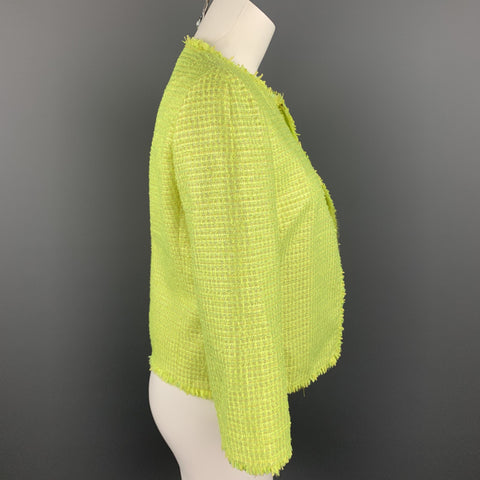 GIAMBATTISTA VALLI Size 8 Green Woven Paper Blend Cropped Open Front Jacket