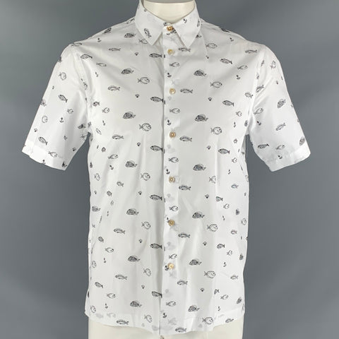 PAUL SMITH Size L White & Black Embroidery Cotton &  Polyester Short Sleeve Shirt