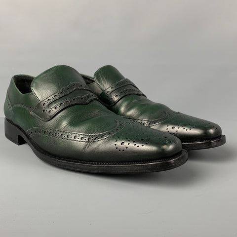 VALENTINO Size 9 Dark green Perforated Leather Wingtip Loafers