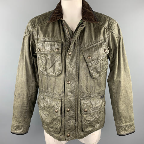 RALPH LAUREN Size L Moss Green Distressed Coated Cotton Zip & Snaps Jacket