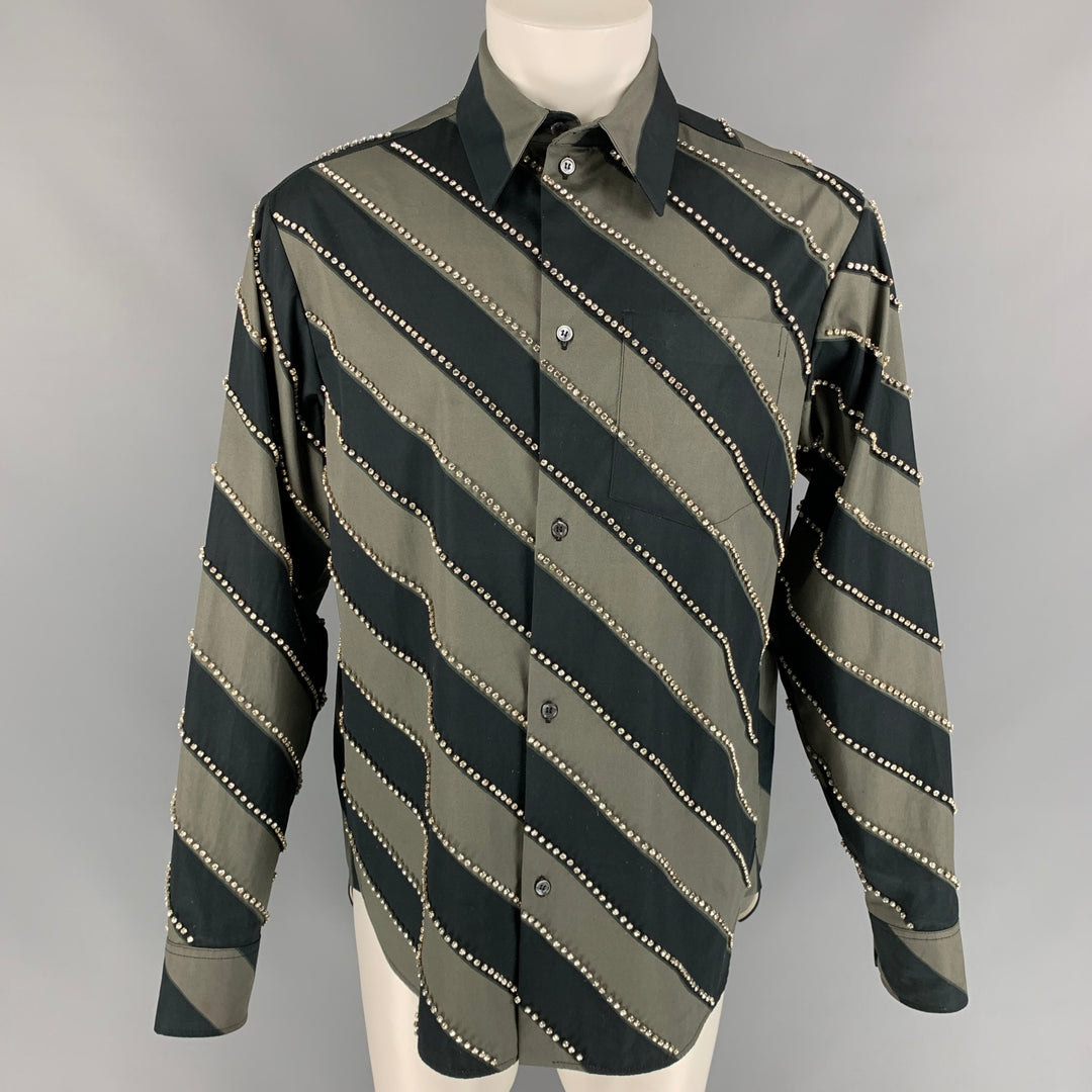 MERYL ROGGE Talla S Camisa de manga larga con botones de algodón con rayas diagonales grises y negras