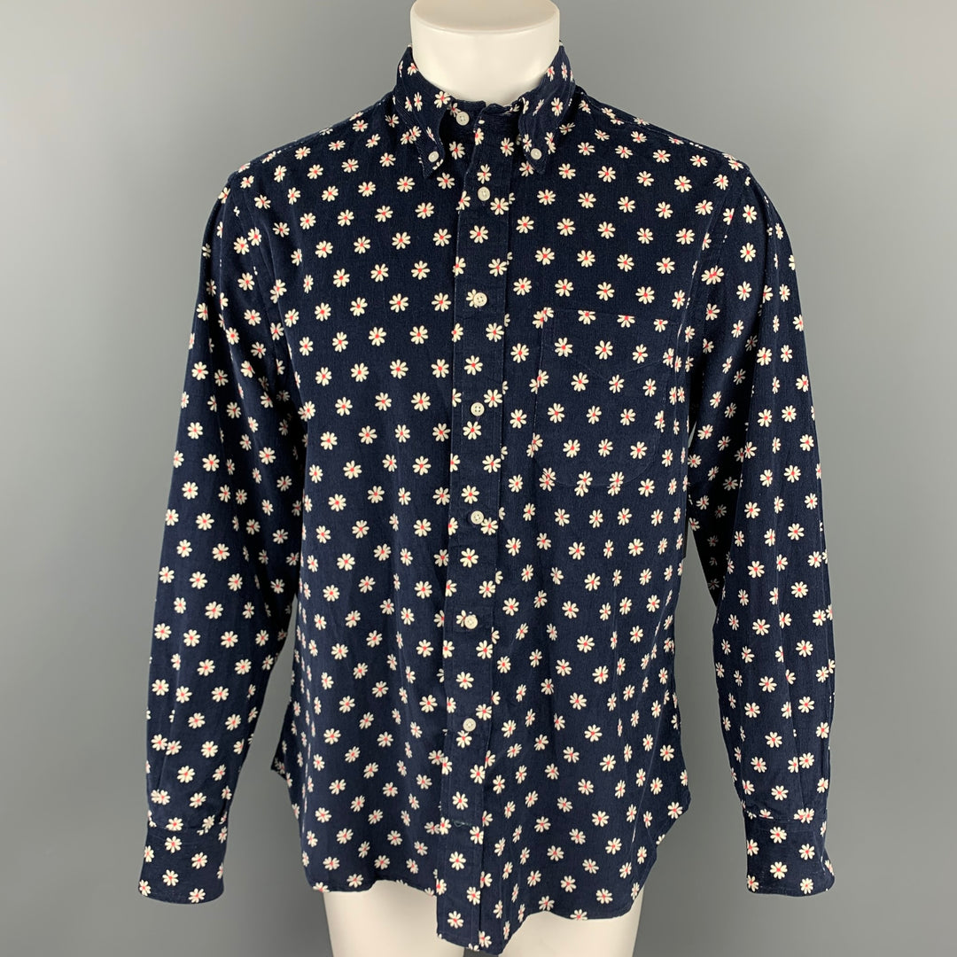 GITMAN VINTAGE Talla L Camisa de manga larga con botones de algodón floral azul marino y blanco