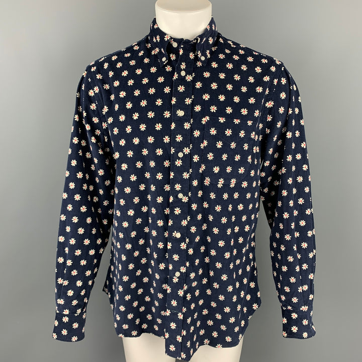 GITMAN VINTAGE Talla L Camisa de manga larga con botones de algodón floral azul marino y blanco