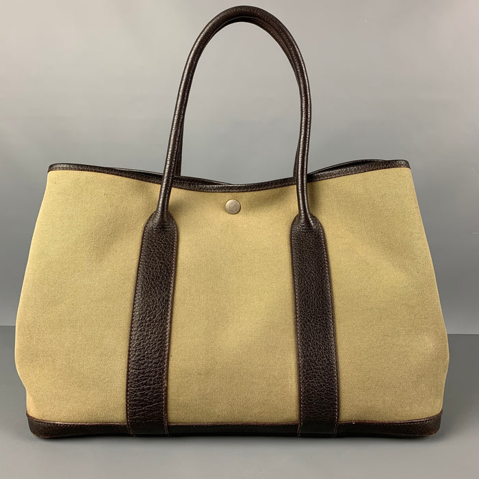 Vintage HERMES Olive Brown Canvas Leather Tote Garden Party Bag