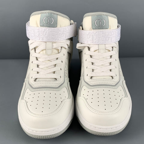 DIOR Size 8 White Grey Logo Leather High Top Sneakers