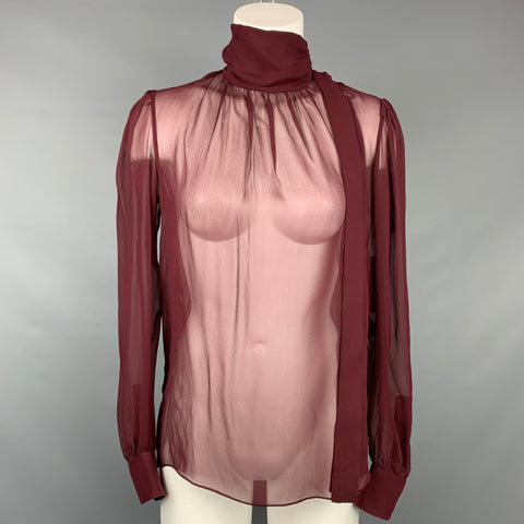 SAINT LAURENT SS 2021 Taille 4 / 36 Blouse à col roulé en crêpe de soie transparente bordeaux