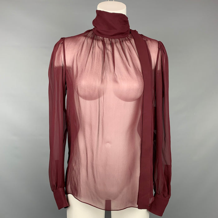 SAINT LAURENT SS 2021 Size 4 / 36 Burgundy Sheer Silk Crepe Turtleneck Blouse