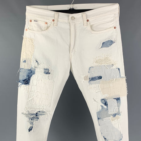 POLO par RALPH LAUREN Taille 33 Jean en coton vieilli blanc et bleu avec braguette zippée