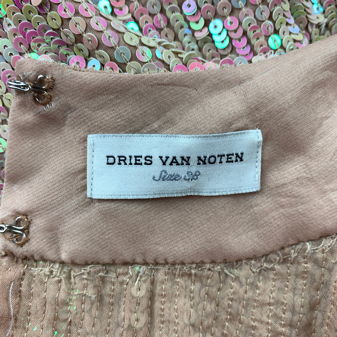 DRIES VAN NOTEN Size 8 Iridescent & Nude Sequin Silk Dress Top