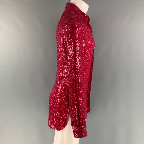 DRIES VAN NOTEN Size S Red Sequined Viscose Hidden Placket Long Sleeve Shirt