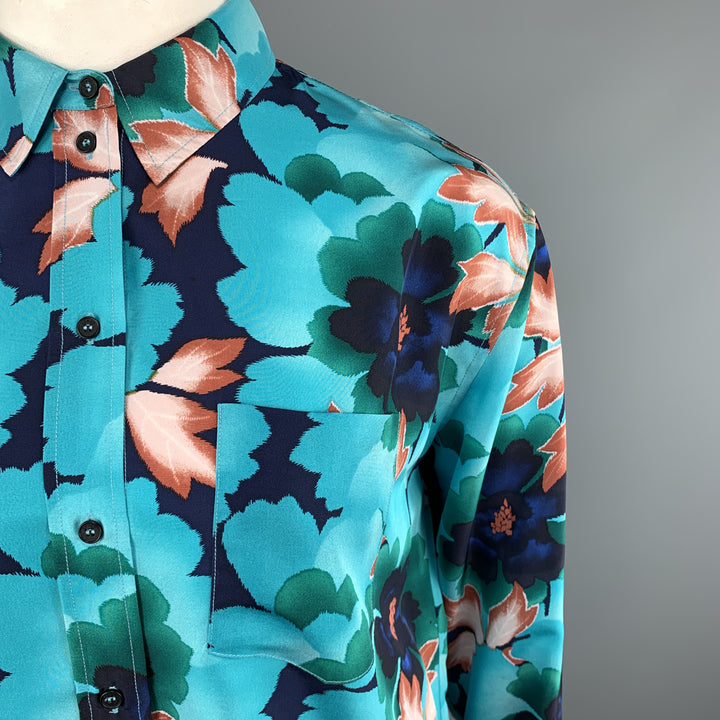 KENZO Size L Aqua Floral Leafs Silk Long Sleeve Shirt