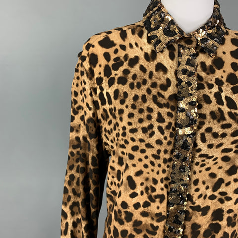 DOLCE & GABBANA Size S Tan Brown Viscose Blend Animal Print Hidden Placket Shirt