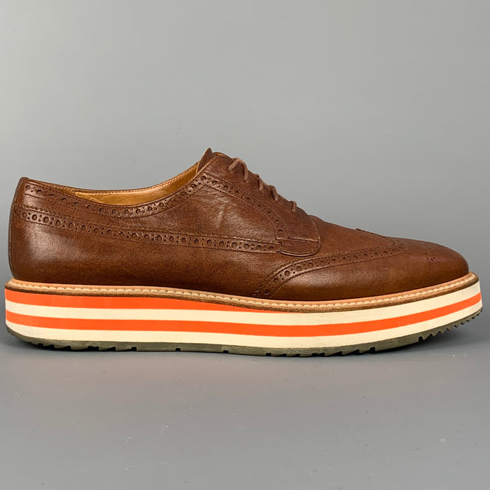 PRADA Size 11 Tan Perforated Leather Platform Lace Up Shoes