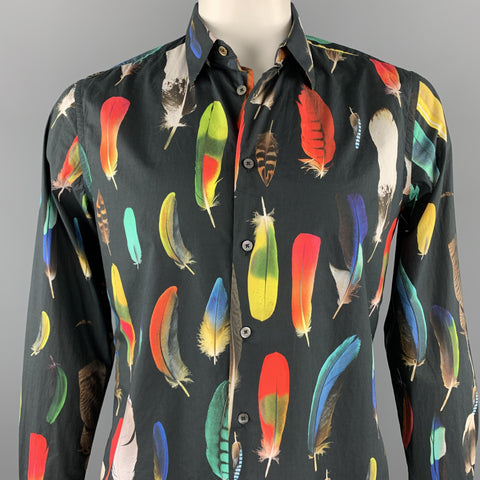 PAUL SMITH Size M Black & Multi-Color Feather Print Cotton Button Up Long Sleeve Shirt