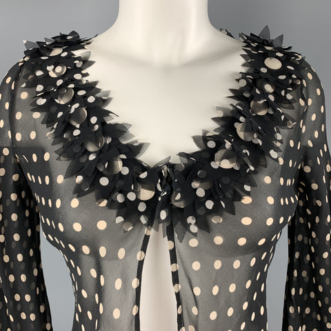 MOSCHINO Talla 8 Blusa tipo cárdigan floral de seda con lunares en negro y crema