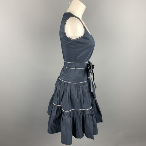 CAROLINA HERRERA Size 0 Navy Tafeta Polyester Tiered Belted Dress